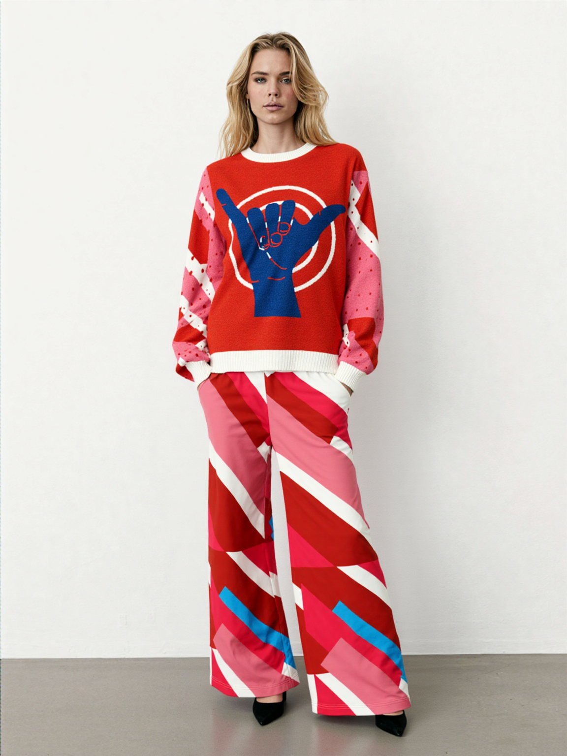 Shaka Laka Crimson Abstract Geo Stripe Eco-Poly Wide Leg Pants