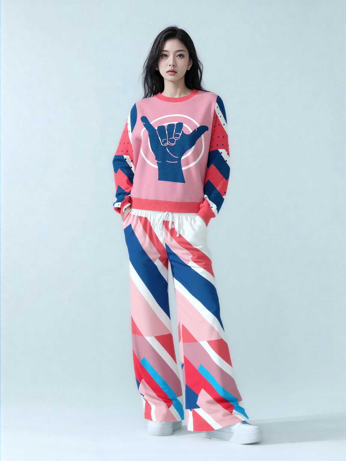 Shaka Laka Geranium Pink Abstract Geo Stripe Eco-Poly Wide Leg Pants