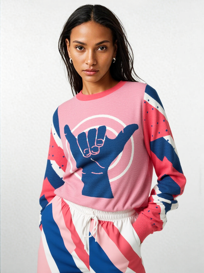 Shaka Laka Hang Loose in Geranium Pink Knitted Crewneck Sweater
