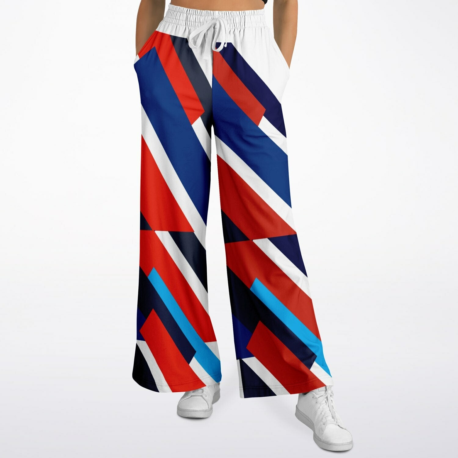 Shaka Laka Navy Blue Abstract Geo Stripe Eco-Poly Wide Leg Pants