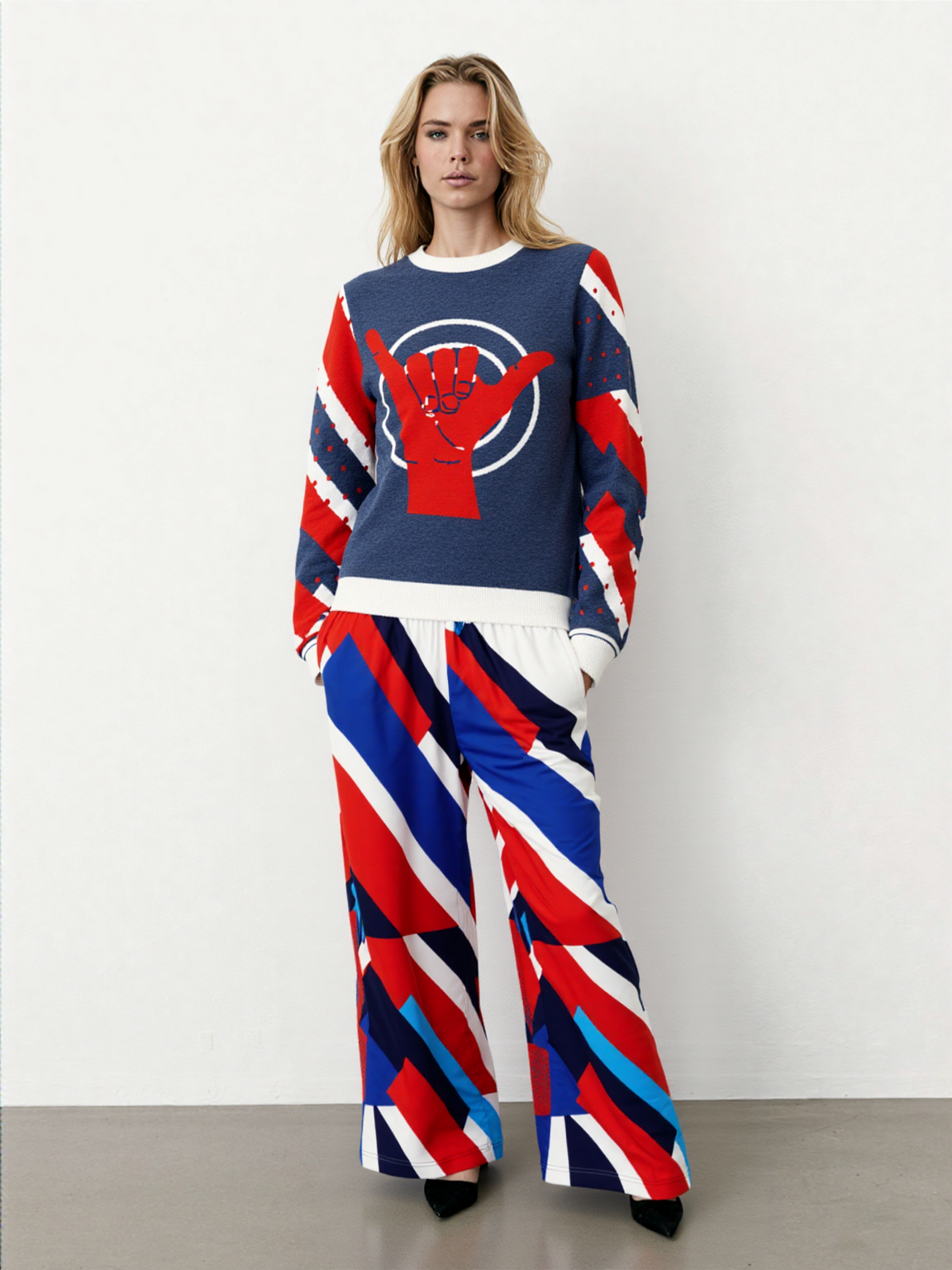 Shaka Laka Navy Blue Abstract Geo Stripe Eco-Poly Wide Leg Pants