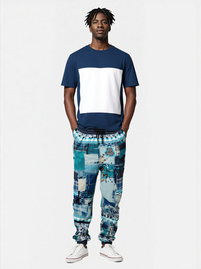 Blue Laxshmi Denim Plaid Patchwork Print Eco-Poly Unisex Cargo Joggers