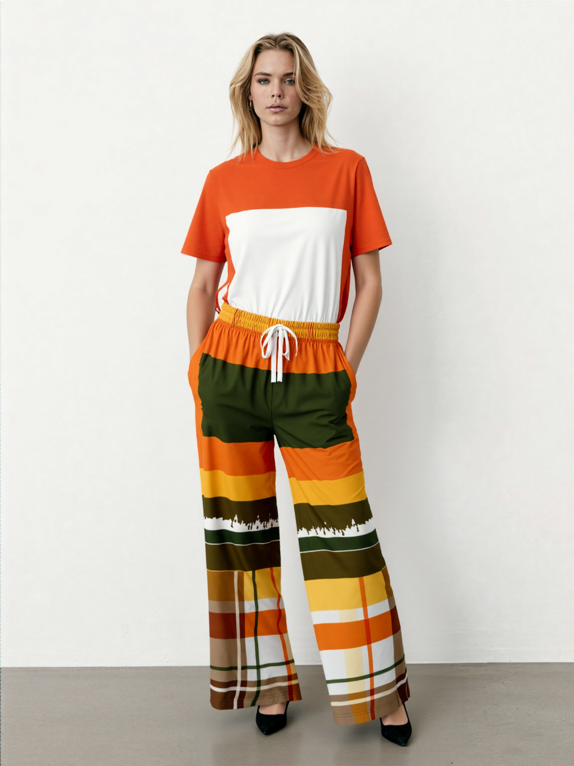 Seville Retro 70s Eco-Poly Plaid Wide Leg Pants