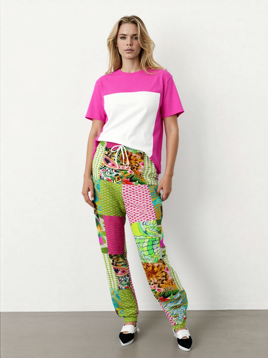 Pink Cerise Plaid Paisley Eco-Poly Cargo Joggers