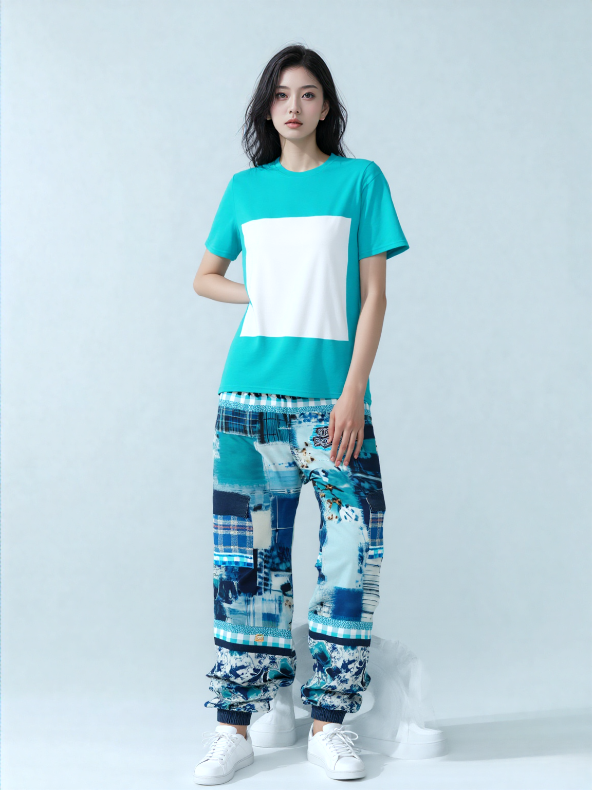 Blue Laxshmi Denim Plaid Patchwork Print Eco-Poly Unisex Cargo Joggers