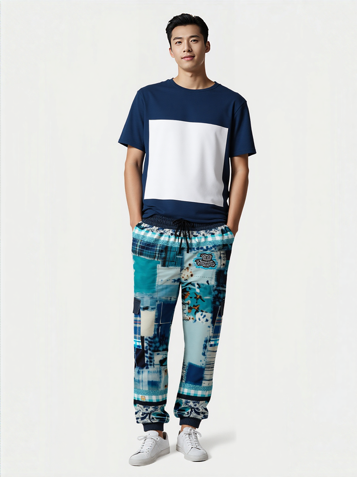 Blue Laxshmi Denim Plaid Patchwork Print Eco-Poly Unisex Cargo Joggers