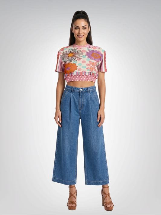 Split Decision Stripe and Floral Eco-Poly Short Sleeve Cropped Pullover