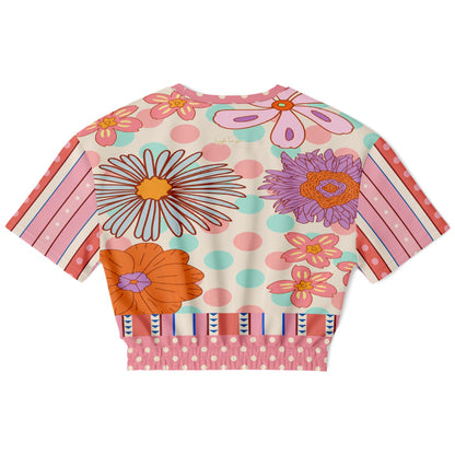 Split Decision Stripe and Floral Eco-Poly Short Sleeve Cropped Pullover