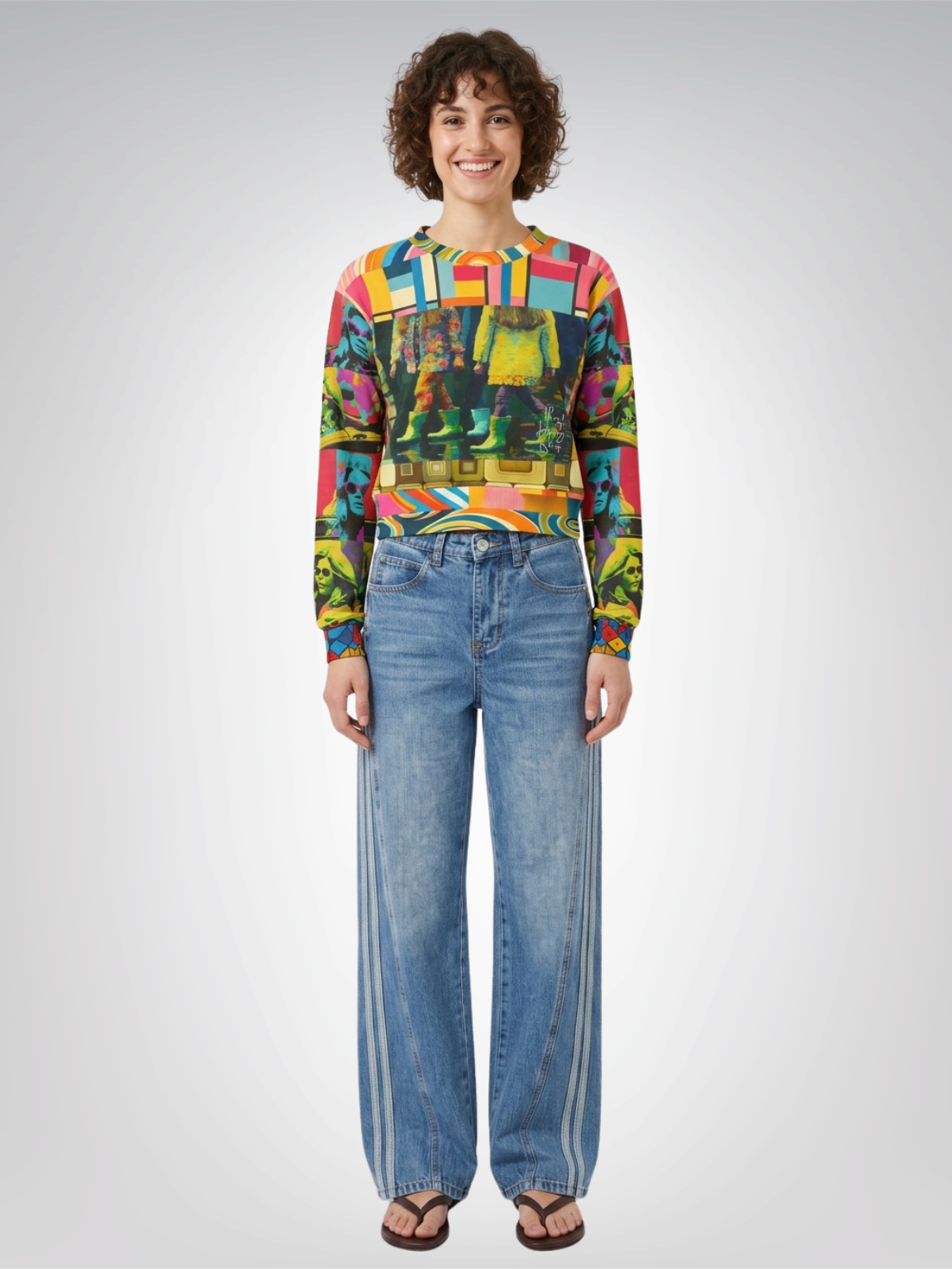 Spring Rain Retro Hippie Colorblock Cropped Sweatshirt (Gold Label)