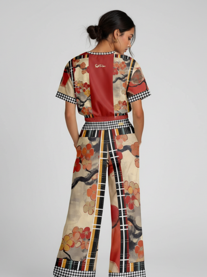 Springtime in Asia in Floral Stripes Eco-Poly Short Sleeve Cropped Pullover