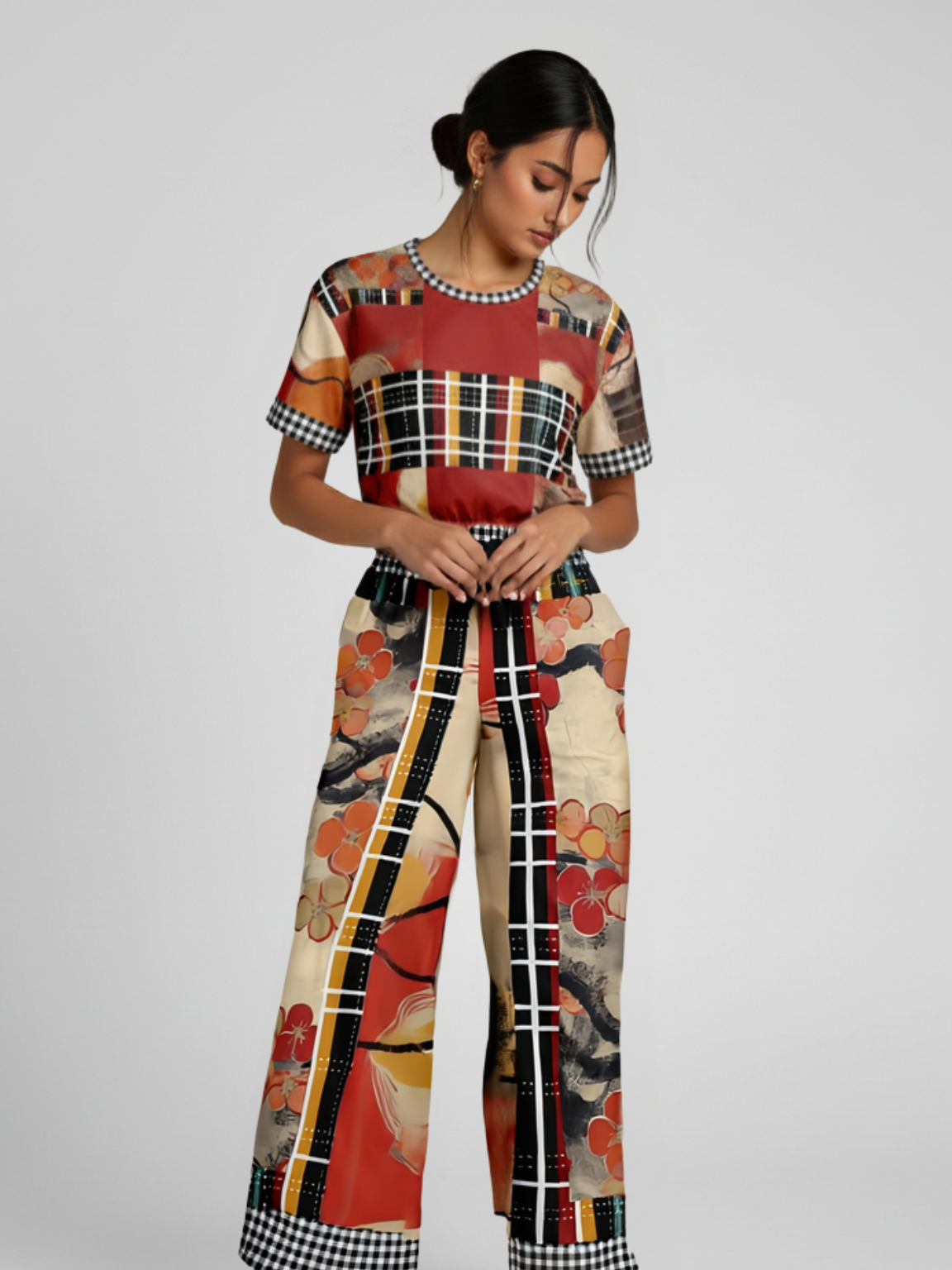 Springtime in Asia in Floral Stripes Eco-Poly Short Sleeve Cropped Pullover