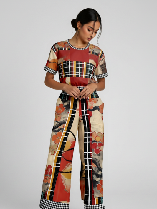 Springtime in Asia in Floral Stripes Eco-Poly Short Sleeve Cropped Pullover