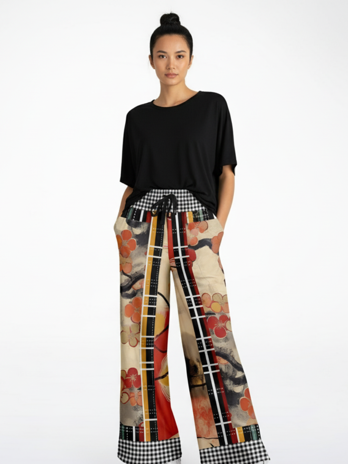 Springtime in Asia in Floral Stripes Patchwork Eco-Poly Wide Leg Pants