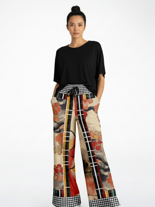 Springtime in Asia in Floral Stripes Patchwork Eco-Poly Wide Leg Pants