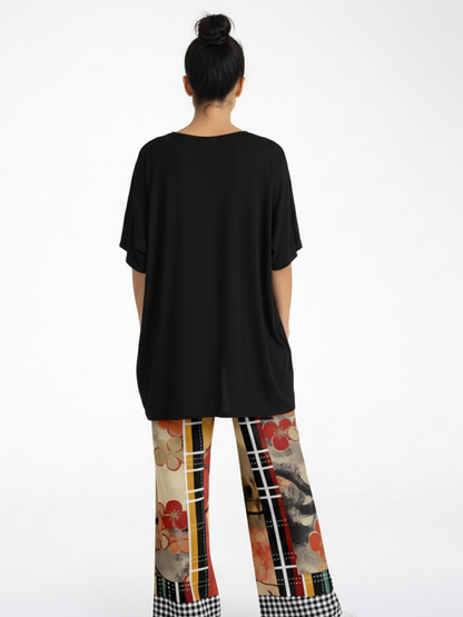 Springtime in Asia in Floral Stripes Patchwork Eco-Poly Wide Leg Pants