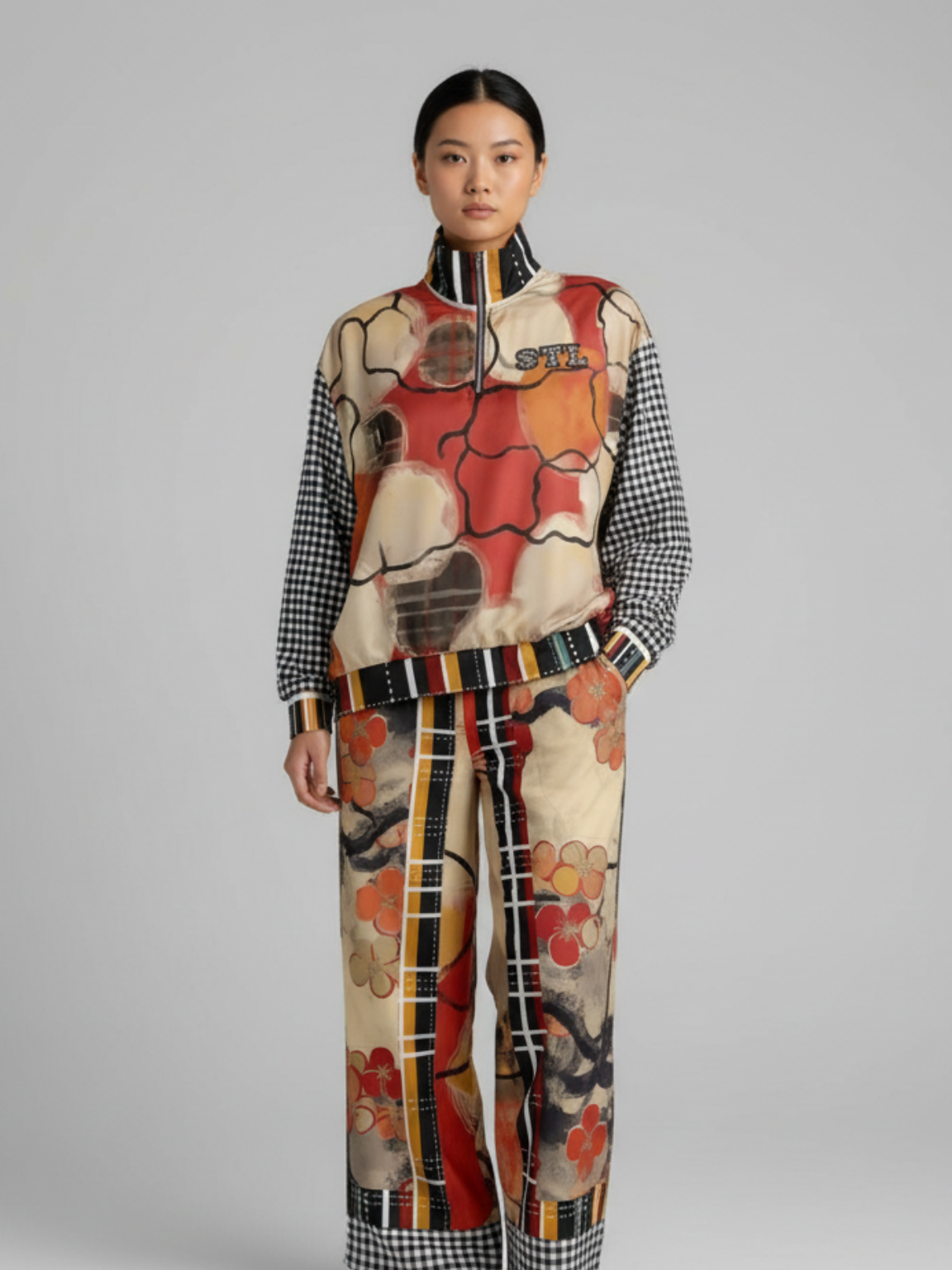 Springtime in Asia in Floral Stripes Patchwork Eco-Poly Wide Leg Pants