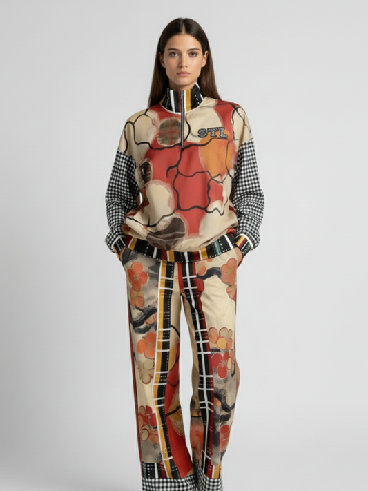 Springtime in Asia in Floral Stripes Patchwork Eco-Poly Wide Leg Pants