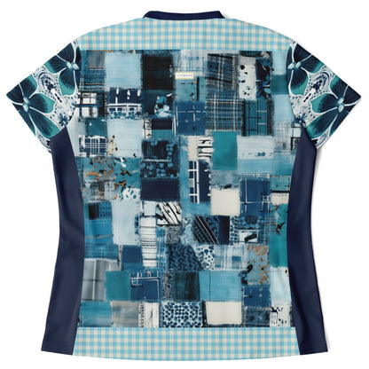 Turquoise Gingham Plaid Train to Georgia Mandarin Collar Ladies Golf Polo Jersey