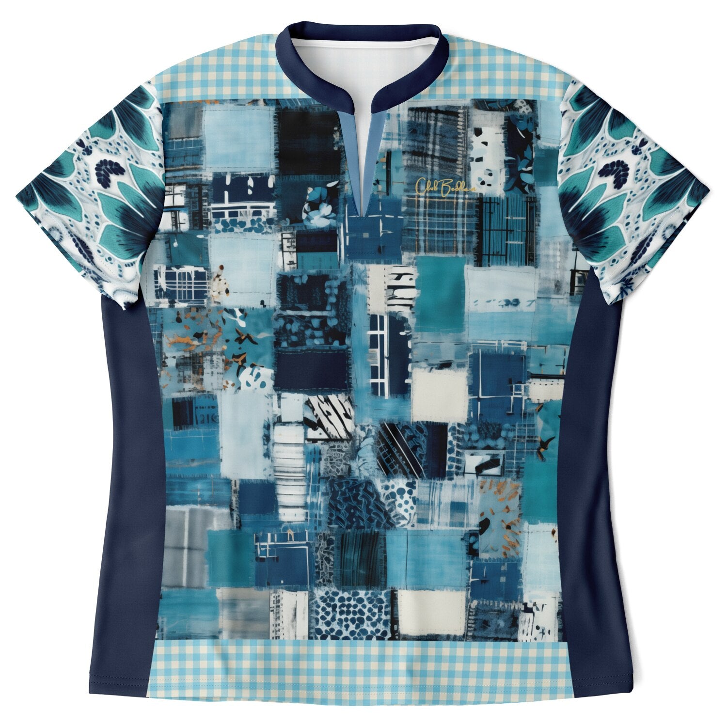 Turquoise Gingham Plaid Train to Georgia Mandarin Collar Ladies Golf Polo Jersey