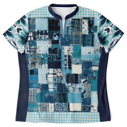 Turquoise Gingham Plaid Train to Georgia Mandarin Collar Ladies Golf Polo Jersey