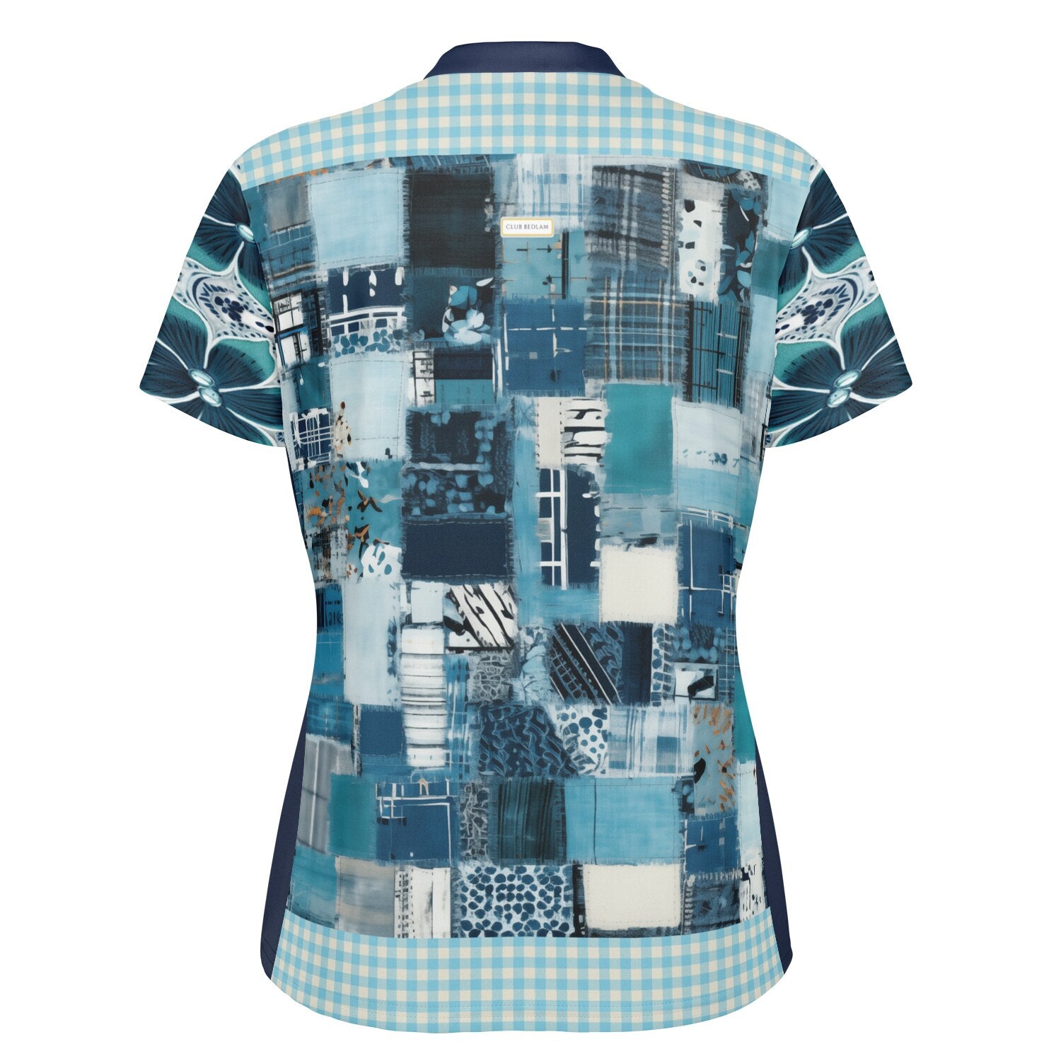 Turquoise Gingham Plaid Train to Georgia Mandarin Collar Ladies Golf Polo Jersey