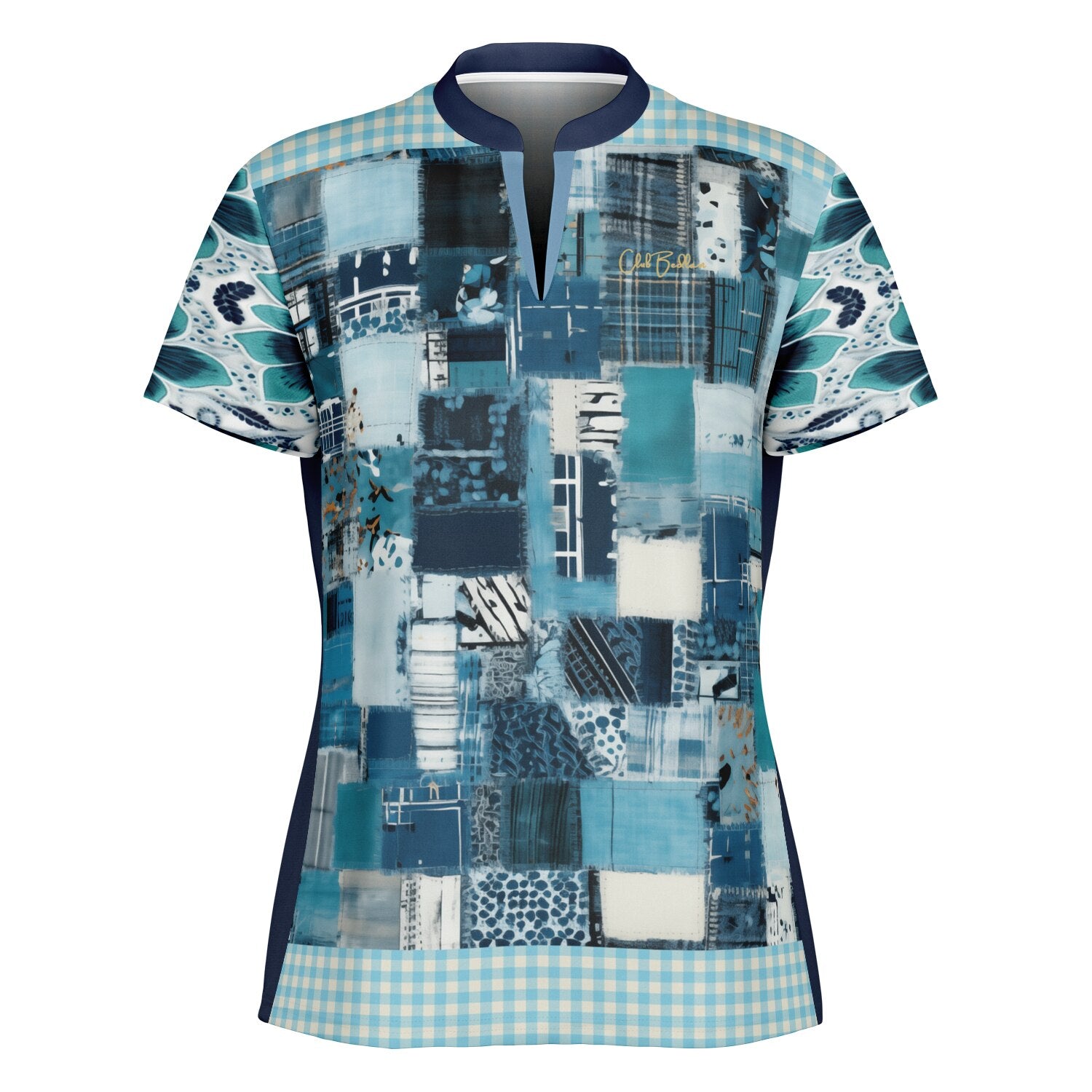 Turquoise Gingham Plaid Train to Georgia Mandarin Collar Ladies Golf Polo Jersey