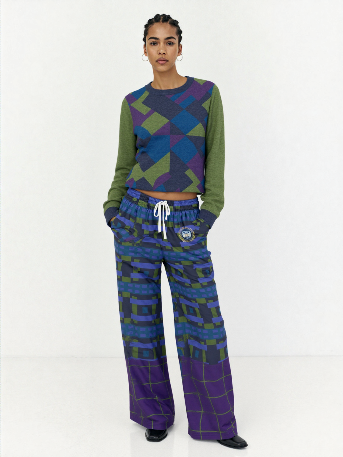 Navy and Green Square Olympia Plaid Eco-Poly Wide Leg Pants