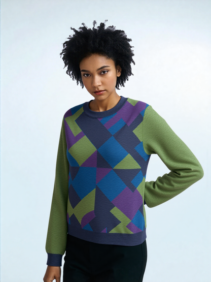 Striped in Green Geo Knitted Crewneck Sweater