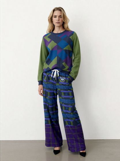 Navy and Green Square Olympia Plaid Eco-Poly Wide Leg Pants