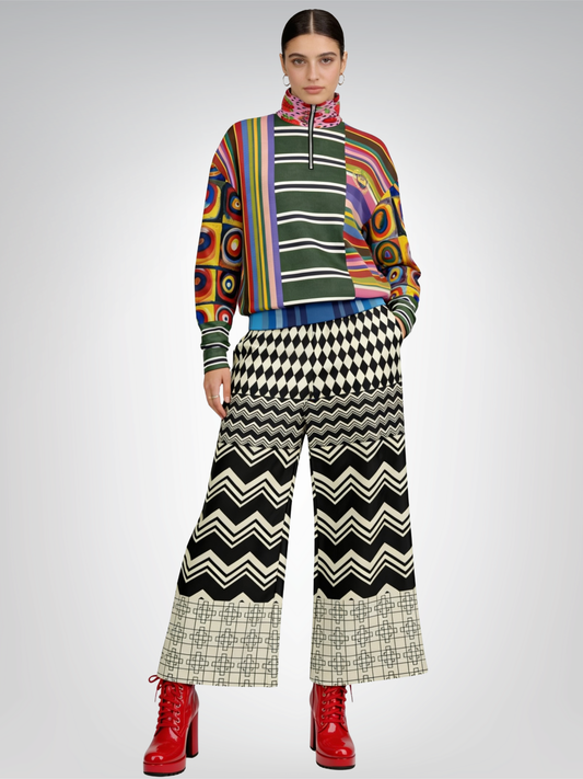 Cookies and Cream Chevron Patchwork Eco-Poly Wide Leg Pants