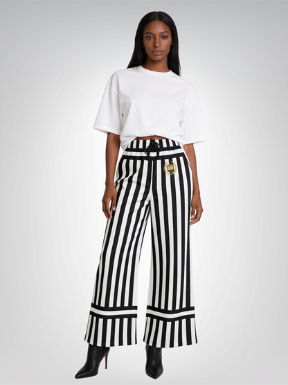 Stripes in Black and White Eco-Poly Wide Leg Pants