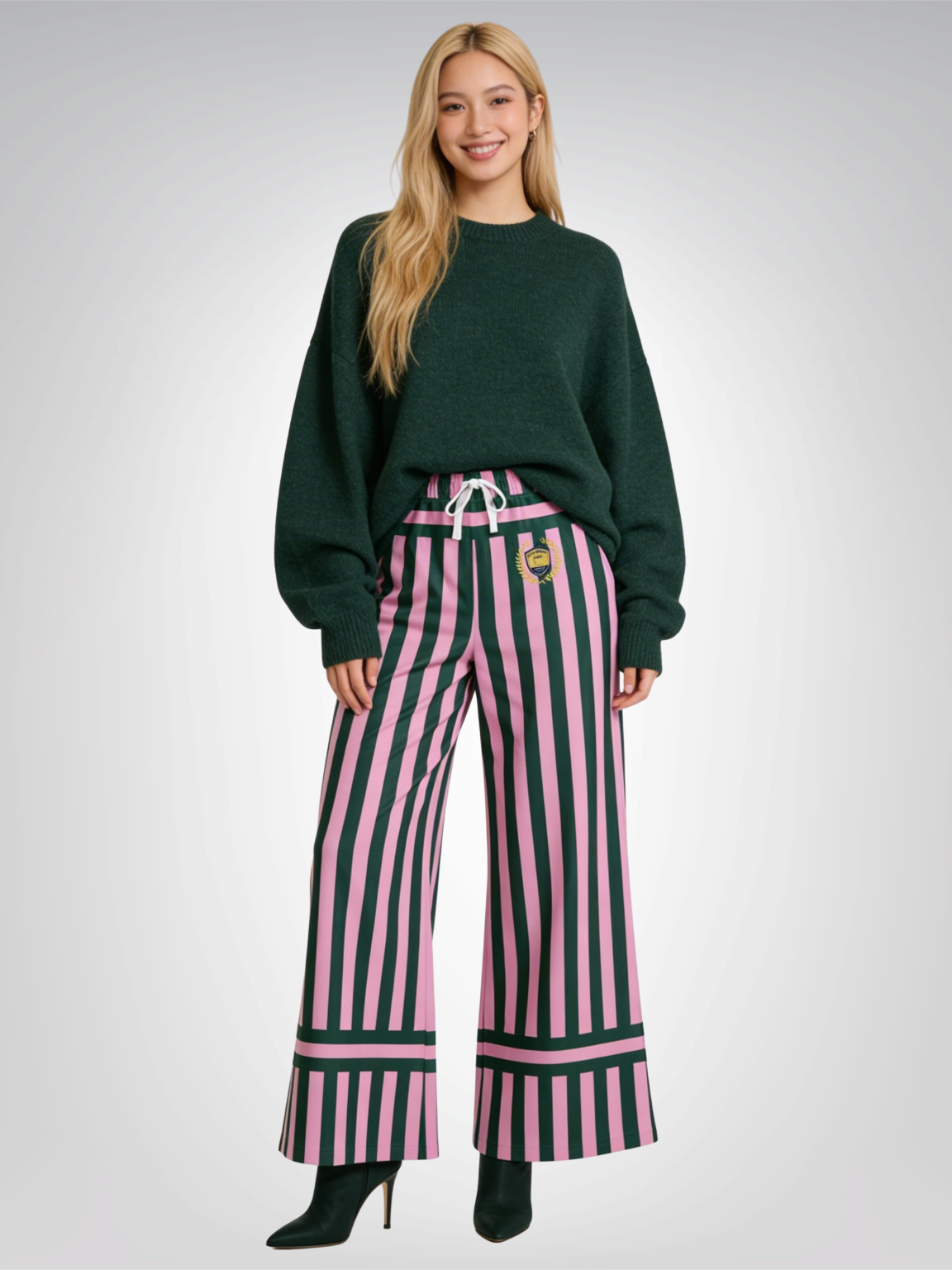 Stripes in Kash Green and Pink Eco-Poly Wide Leg Pants