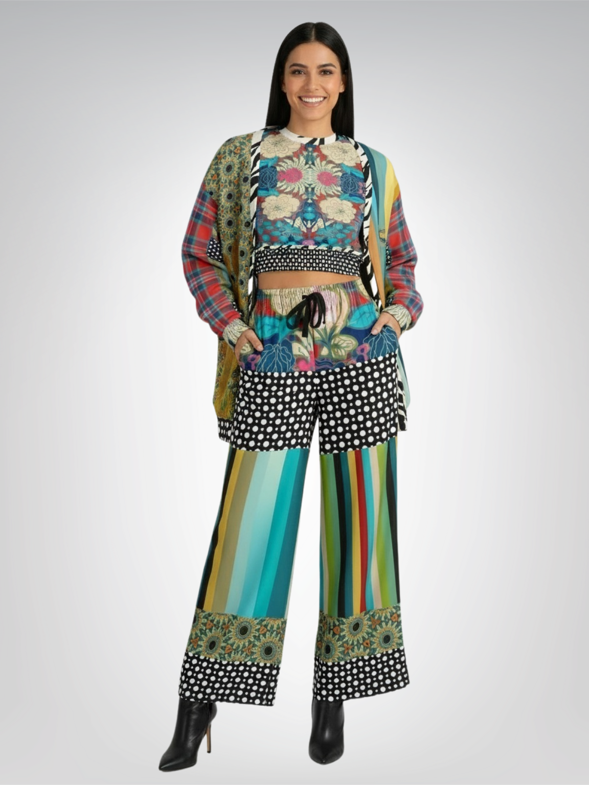 Sunflowers in My 1888 Van Gogh Plaid Floral Eco-Poly Short Sleeve Cropped Pullover