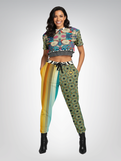 Sunflowers in My 1888 Van Gogh Plaid Floral Eco-Poly Short Sleeve Cropped Pullover