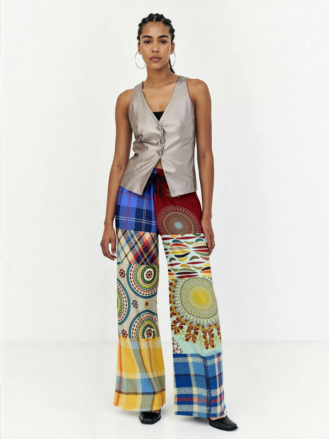 Sunny DeLite Plaid Patchwork Eco-Poly Wide Leg Pants