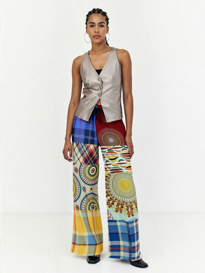 Sunny DeLite Plaid Patchwork Eco-Poly Wide Leg Pants