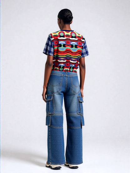 Sunset in Cassis Abstract Rainbow Stripe Eco-Poly Short Sleeve Cropped Pullover