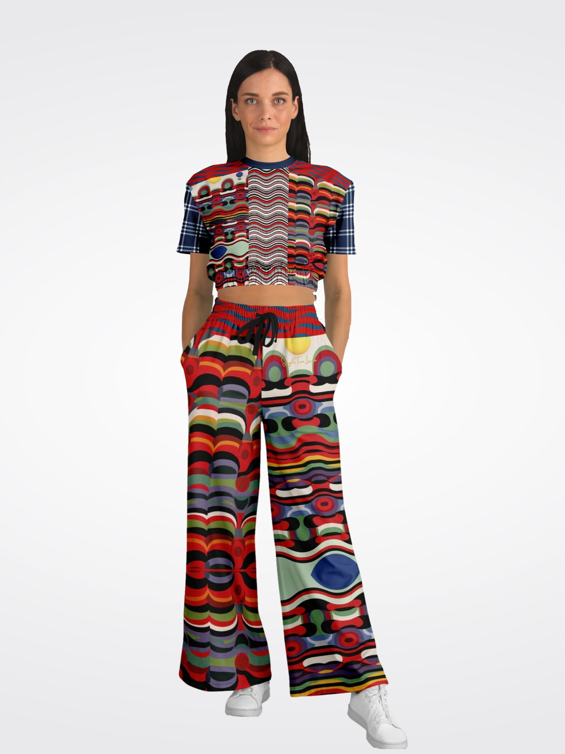 Sunset in Cassis Abstract Rainbow Stripe Eco-Poly Short Sleeve Cropped Pullover