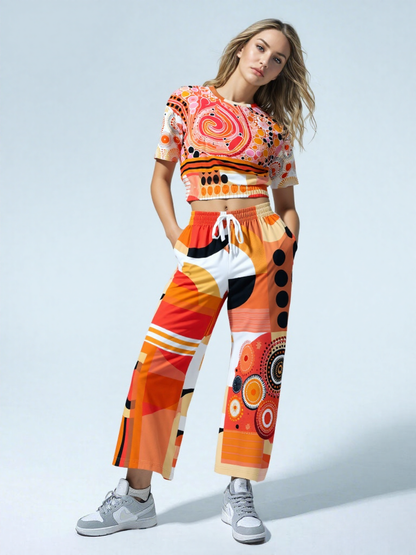 Sunset Springs Abstract 70s Print Eco-Poly Cropped Short Sleeve Pullover