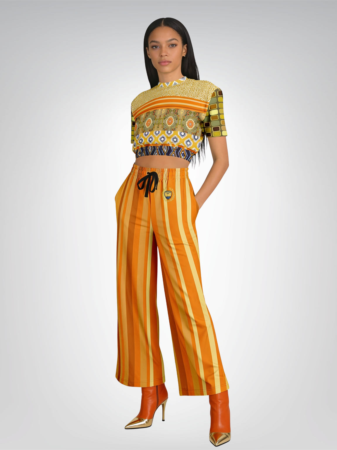 Sunshine of My Life in Patchwork Eco-Poly Short Sleeve Cropped Pullover