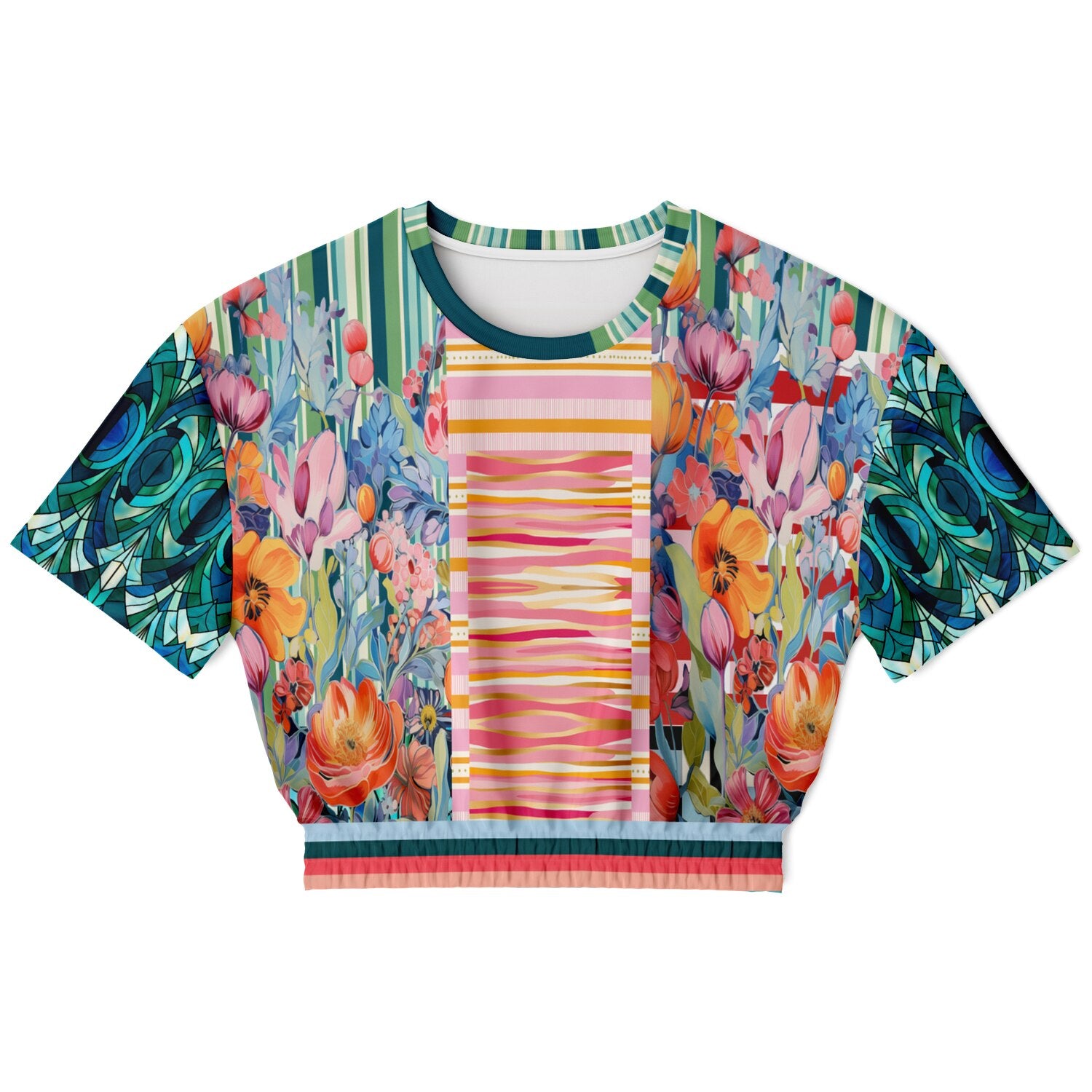 Swan in Floral Isolation Stripe Eco-Poly Short Sleeve Cropped Pullover