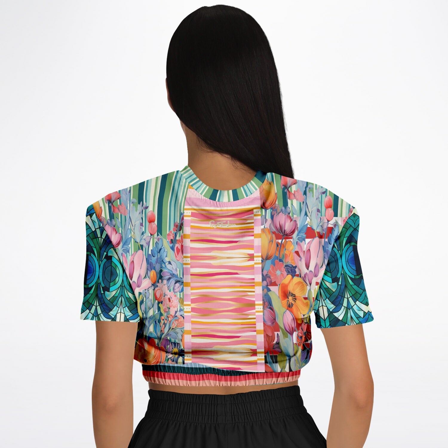 Swan in Floral Isolation Stripe Eco-Poly Short Sleeve Cropped Pullover
