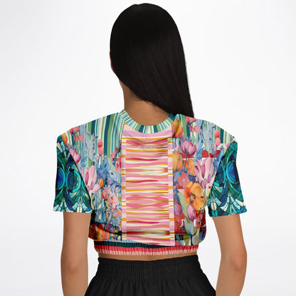 Swan in Floral Isolation Stripe Eco-Poly Short Sleeve Cropped Pullover