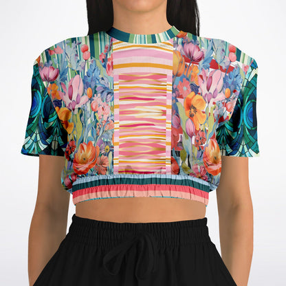 Swan in Floral Isolation Stripe Eco-Poly Short Sleeve Cropped Pullover
