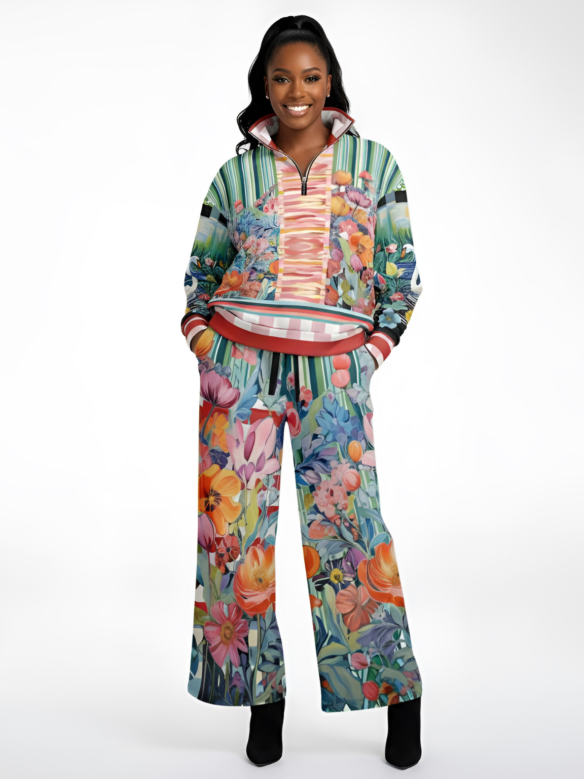 Swan in Floral Isolation Striped Heavyweight Oversized Quarter Zip Sweatshirt