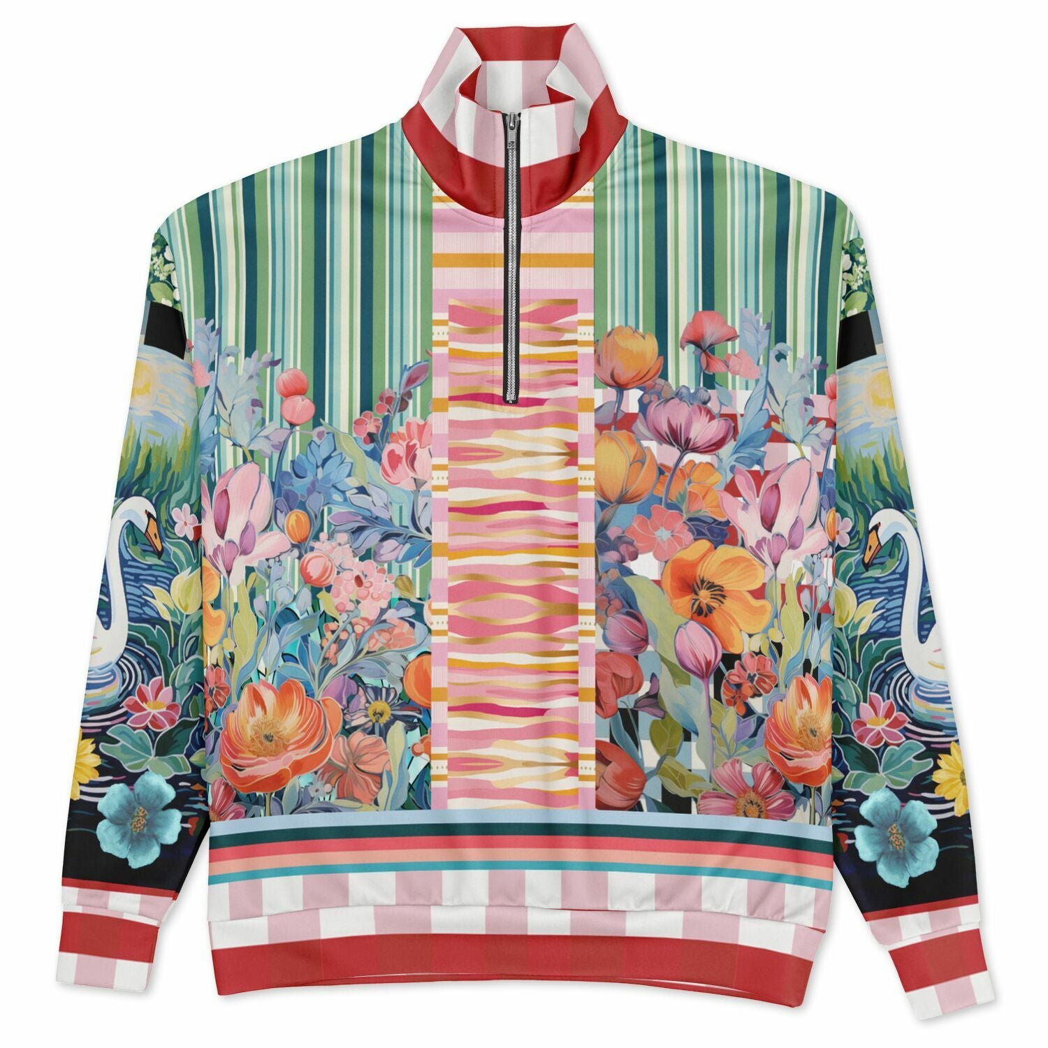 Swan in Floral Isolation Striped Heavyweight Oversized Quarter Zip Sweatshirt