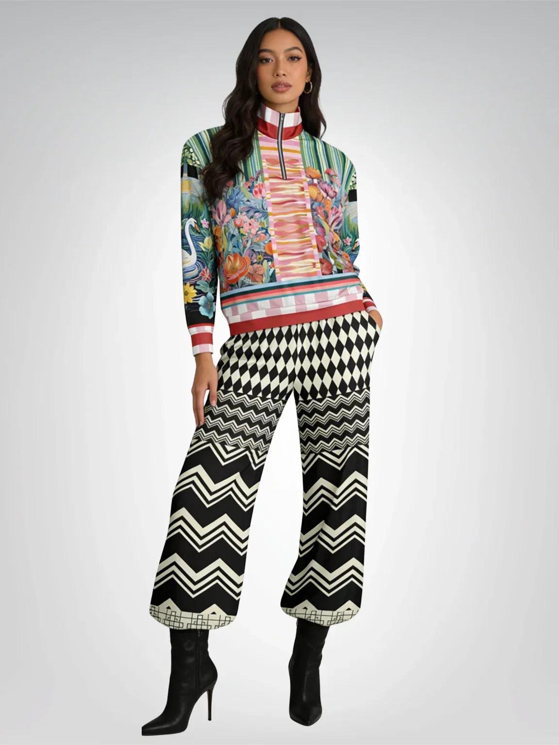 Cookies and Cream Chevron Patchwork Eco-Poly Wide Leg Pants