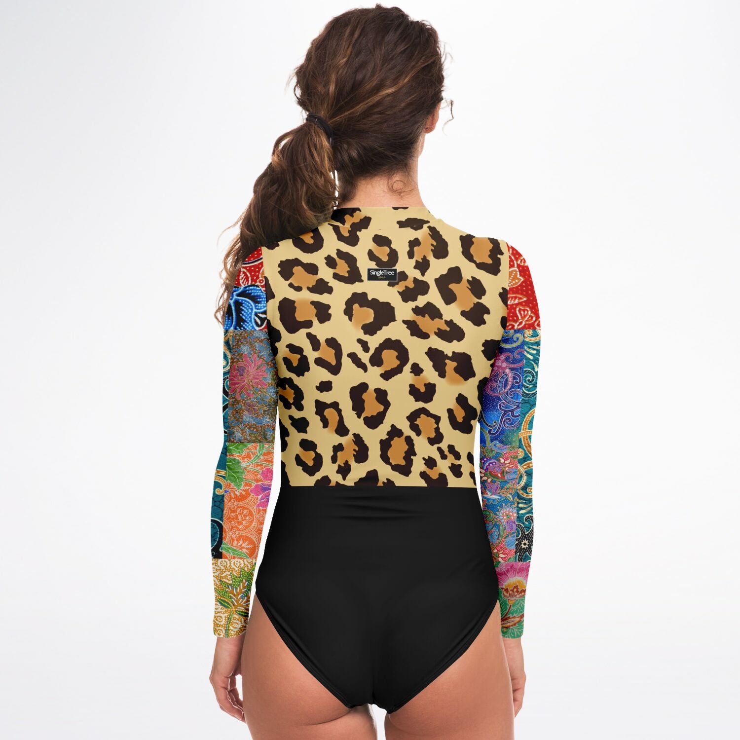 Sweet Clementine Leopard Batik Patchwork Long Sleeve Bodysuit