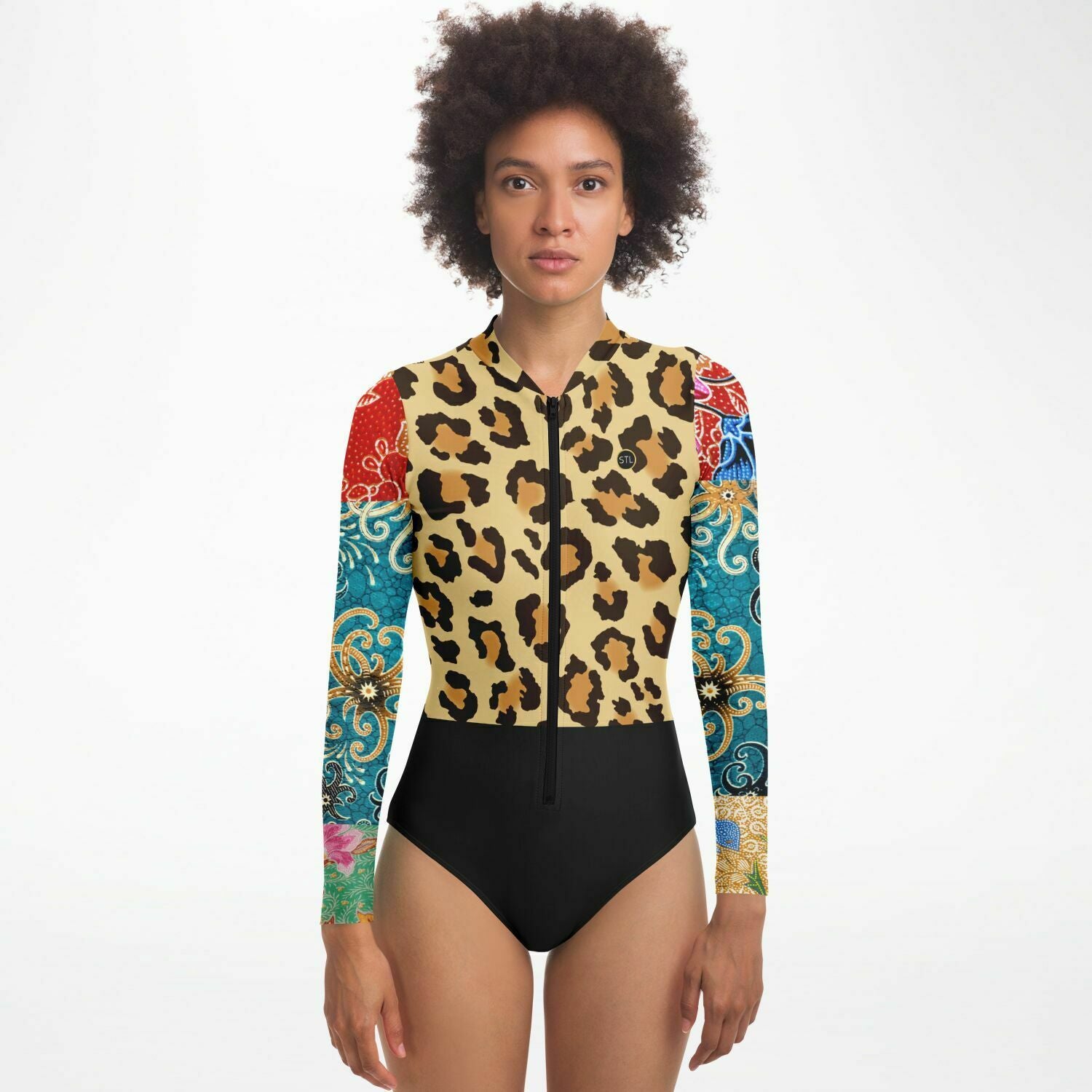 Sweet Clementine Leopard Batik Patchwork Long Sleeve Bodysuit