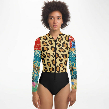 Sweet Clementine Leopard Batik Patchwork Long Sleeve Bodysuit